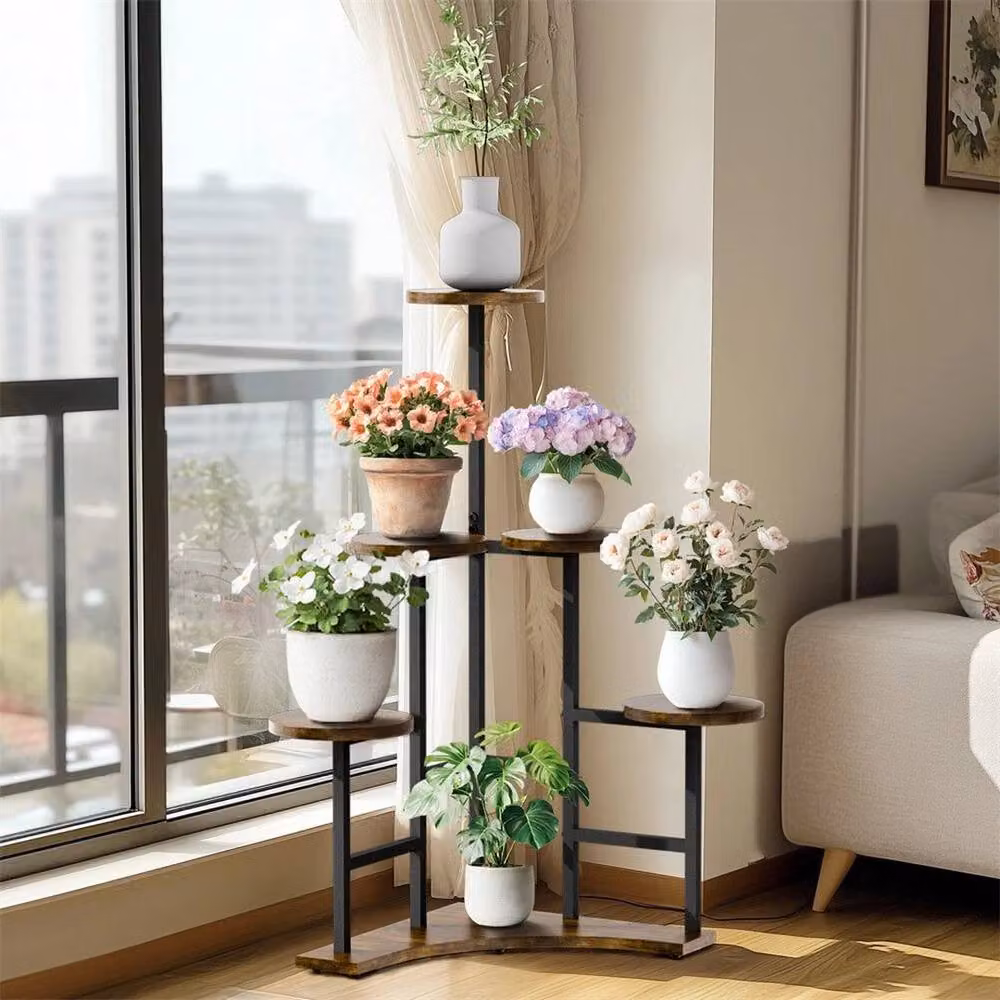Kelvenix Industrial Rustic Corner Plant Stand in Black and Brown Metal and MDF – 2