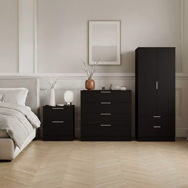 HD Designs Trega 3-Piece Black Bedroom Set Including Wardrobe, 4-Drawer Chest and 2 Bedside Tables