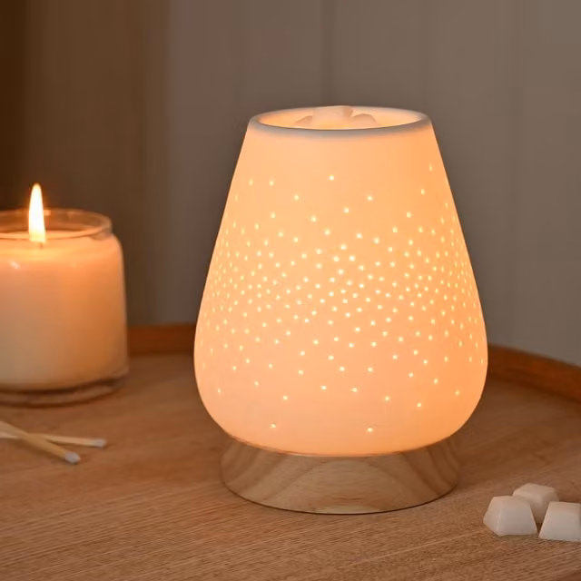Hestia Tapered Ceramic and Wood Tabletop Aroma Lamp in White