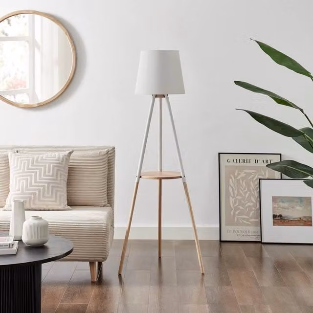 FurnitureboxUK Kelsey White and Wood Tripod Standing Floor Lamp with Shelf and Fabric Shade – 1