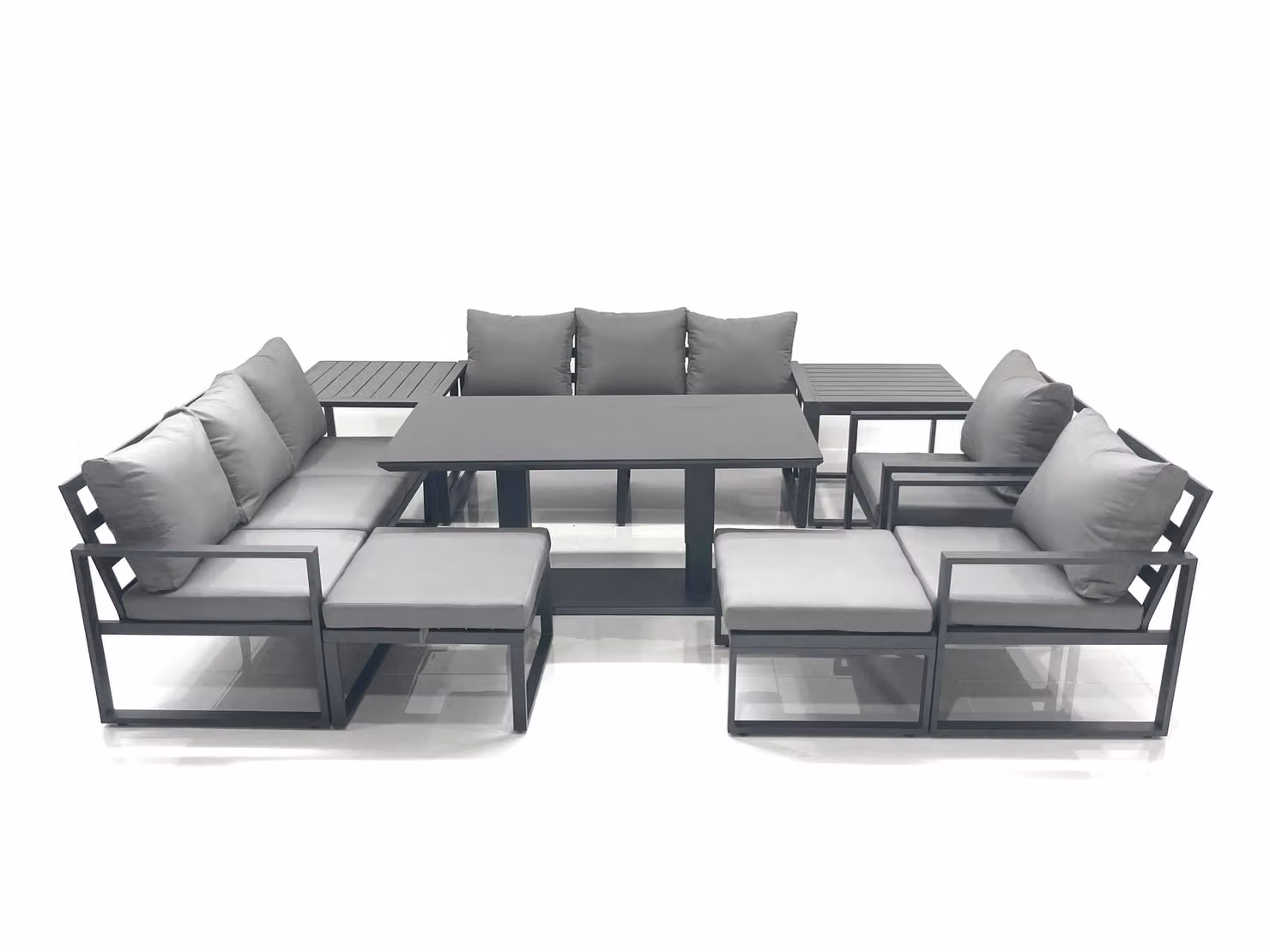 Fimous Garden Sofa Set with Height Adjustable Dining Table, 2 Chairs, 2 Footstools and 2 Side Tables in Dark Grey Aluminium – 2