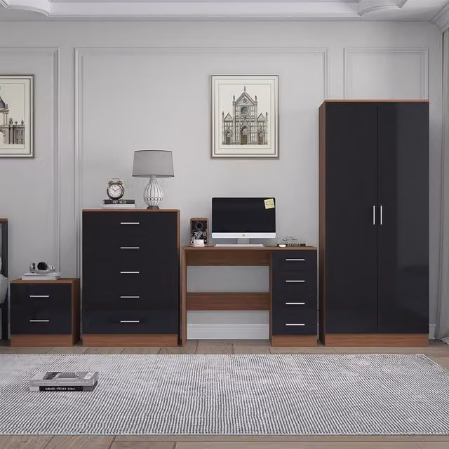 REFLECT Furniture Bundle including 2-Door Plain Wardrobe, Chest of Drawers, Bedside Table and Desk in Black Gloss and Matt Walnut