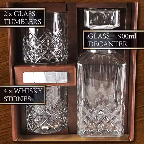 Kimm and Miller Whisky Gift Set with 900ml Geometric Glass Decanter, Glasses and Whisky Stones in Clear – 6