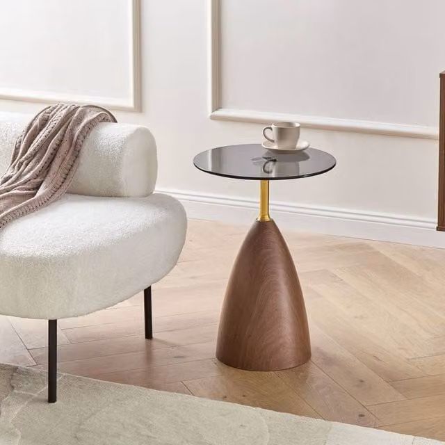 Wyld and Coco Round Side Table with Tempered Glass Top and Gold Accent Iron Base in Brown