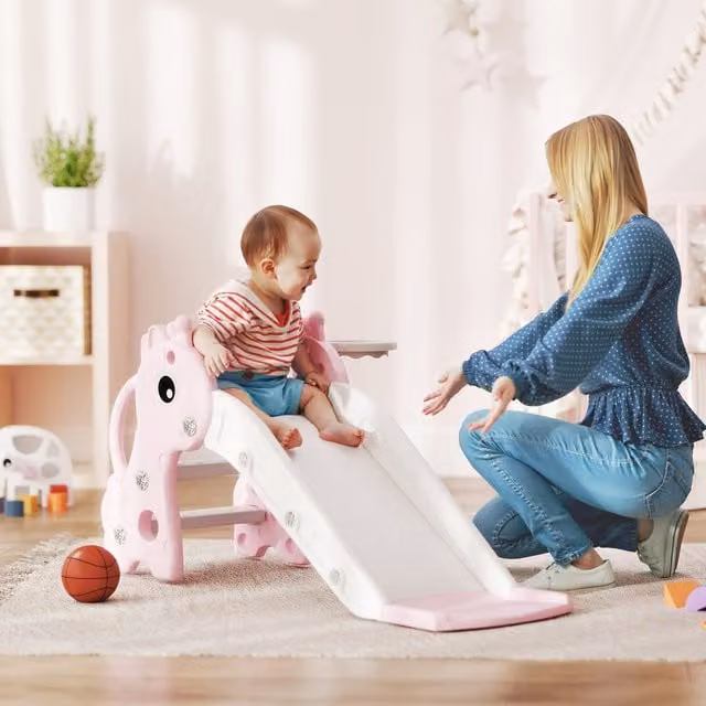 AIYAPLAY 3 in 1 Kids Slide with Climber and Basketball Hoop, Pink