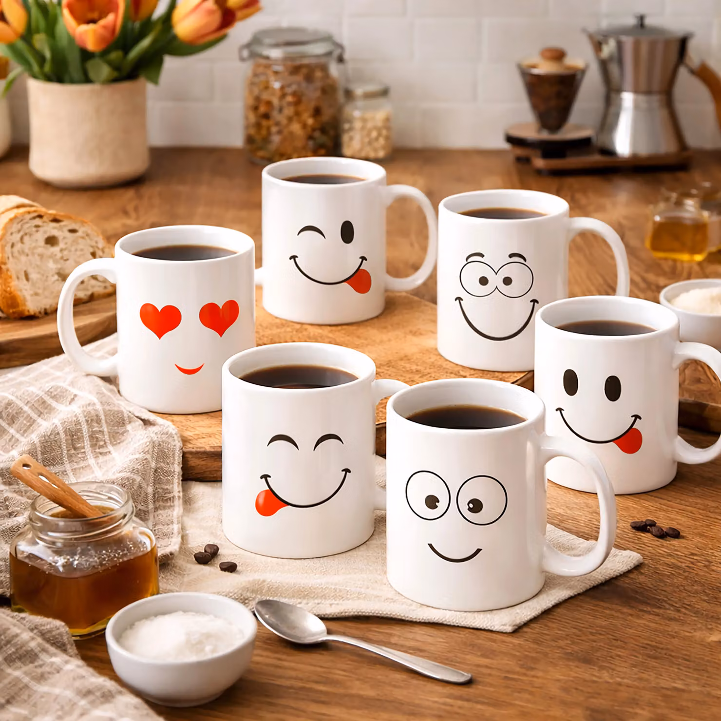 Marco Paul 6pc White Ceramic Mug Set with Funny Faces – 3