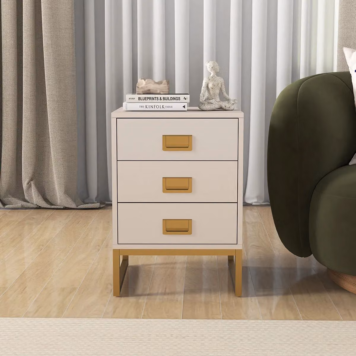 Melody Maison Elle Stone Pair of 3 Drawer Bedside Tables in Beige and Gold – 2