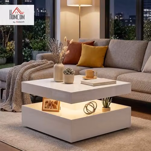 HOMCOM Modern High Gloss White LED Coffee Table with 2-Tier Storage and Lift Mechanism, W/D/H: 78 x 40 x 40 cm – 2