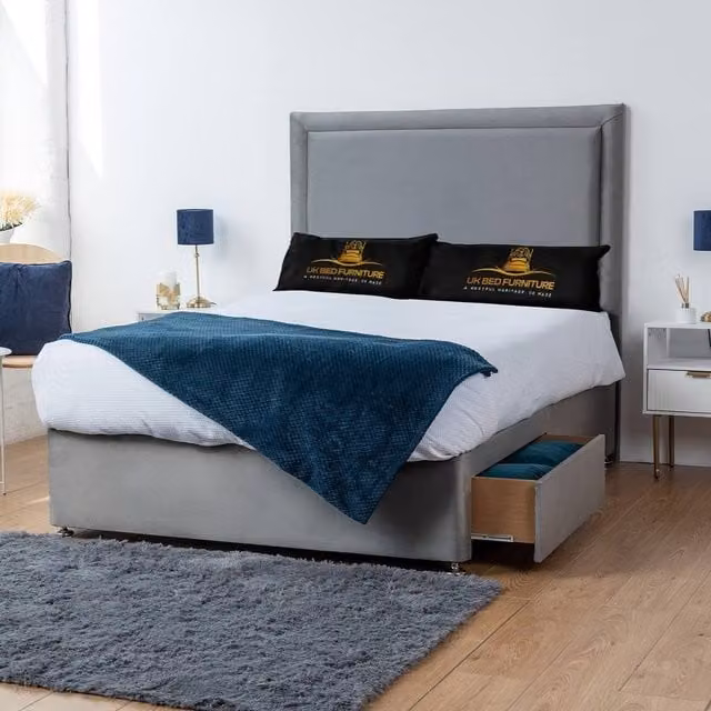 UK Bed Furniture Ascot Divan Bed with 2 Drawers Same Side and 26 Inch Headboard in Grey, Small Double, W/D/H: 120 x 200 cm