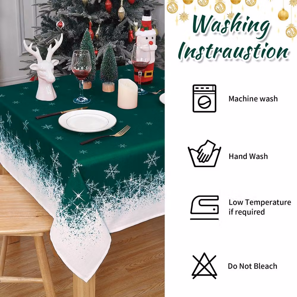 London Boutique Snowflake Christmas Tablecloth in Green and White, W x W: 137.16 x 137.16 cm – 5