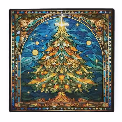 Purely Home Stained Glass Christmas Tree Square Glass Worktop Protector with Non-Slip Feet, Multicolour, W: 30 cm x D: 30 cm – 1