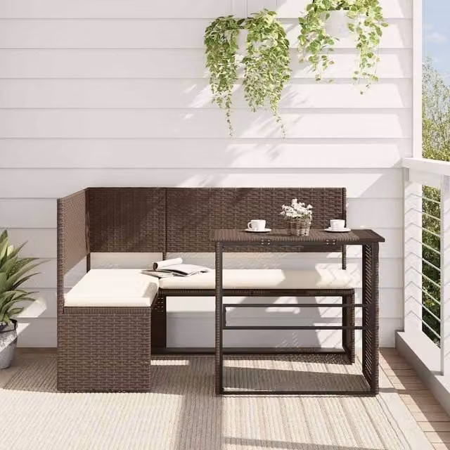 Berkfield Home L-Shaped Brown Poly Rattan Garden Sofa Set with Cushions and Coffee Table – 1