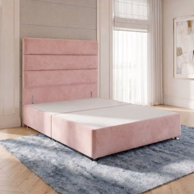 Horizona Super King Velvet Divan Bed Base with Drawers and Floor Standing Headboard, Pink, W/D/H: 200 x 180 x 34.5 cm