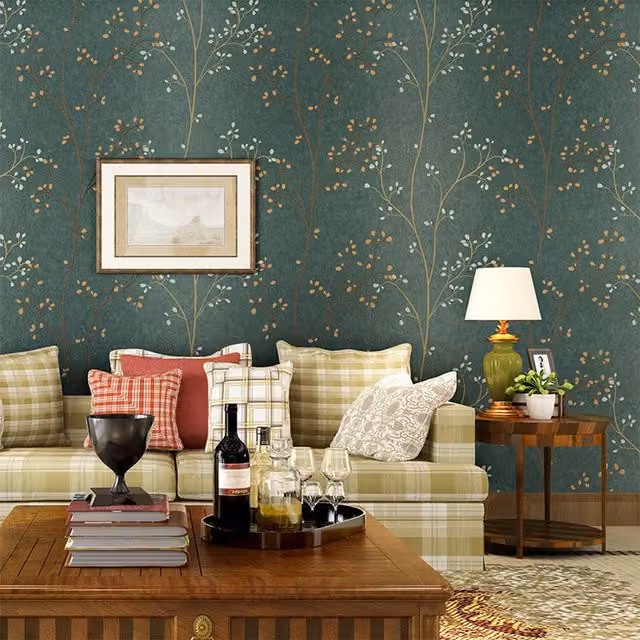 Livingandhome 3D Non-Woven Fabric Wallpaper with Leaf Branch Pattern in Dark Green
