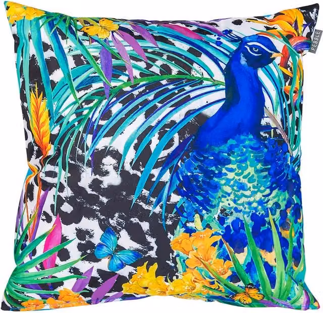 ICON Tropical Peacock Printed Outdoor Square Cushion in Petrol Blue