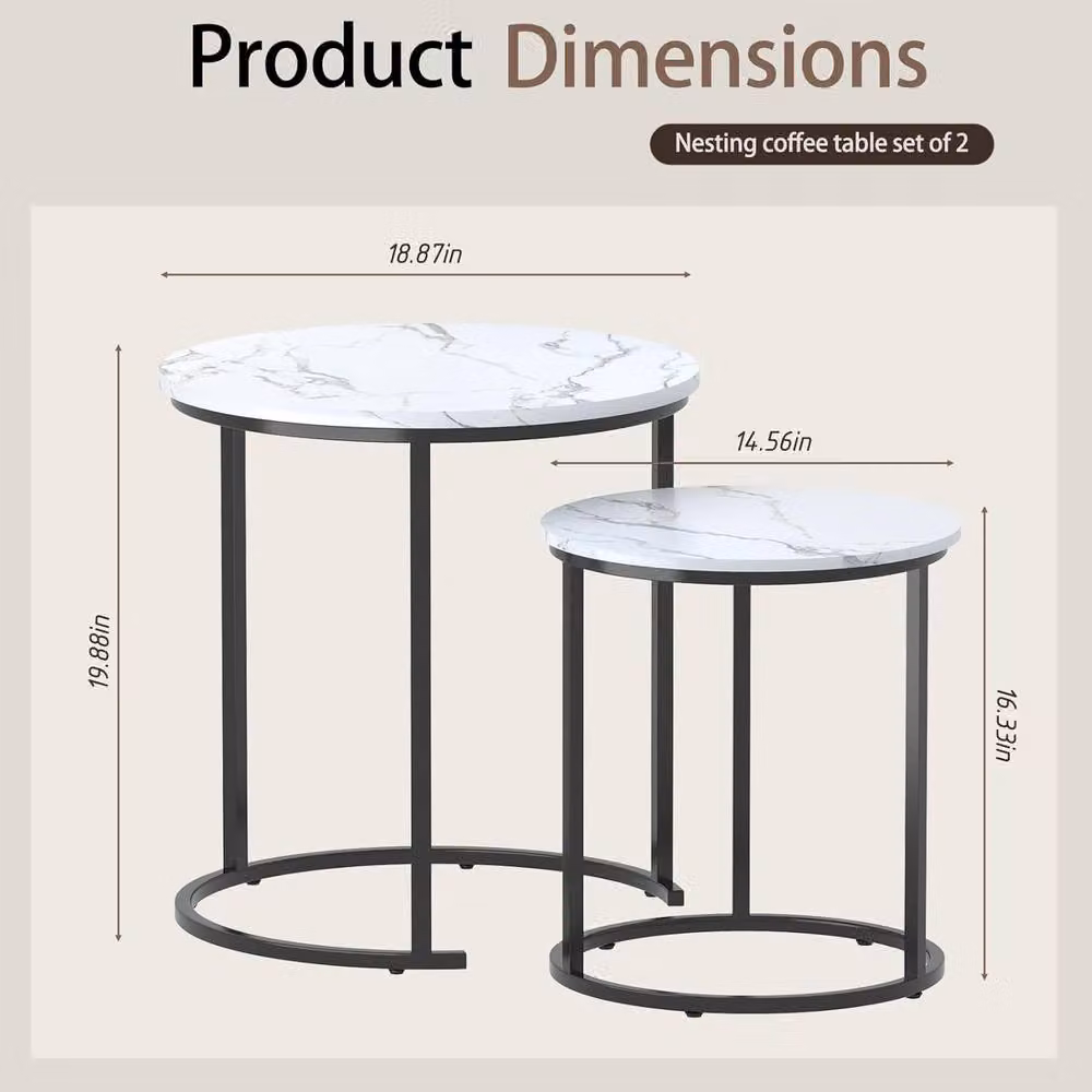 Huhote Set of 2 Round Nesting Coffee Tables with White Marble Finish Tops and Metal Frames – 3