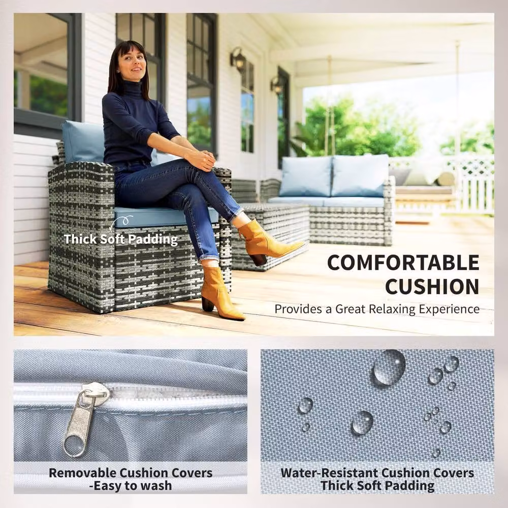 OUTSUNNY 6 Piece Grey Rattan Patio Sofa Set with Upholstered Cushions and Powder Coated Steel Frame – 4