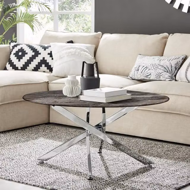 FurnitureboxUK Novara Round Marble Effect Glass Top Coffee Table with Silver Metal Starburst Legs in Grey – 1