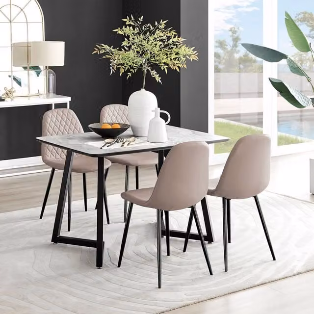 FurnitureboxUK Carson White Marble Effect Dining Table and 4 Corona Black Leg Chairs in Beige