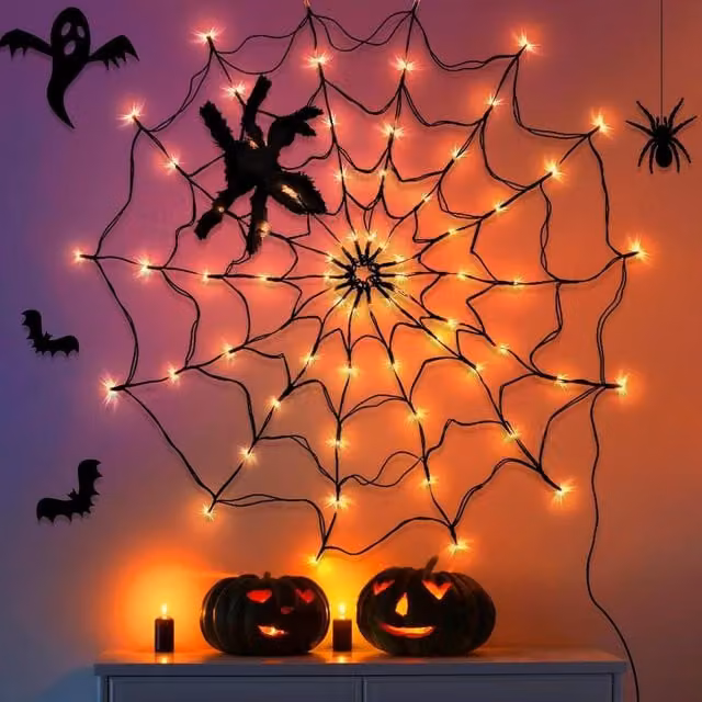 Garwarm Halloween LED Spider Web Lights with Plush Spider and Remote Control, 100 cm