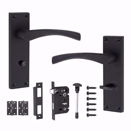 Golden Grace Victorian Scroll Door Handles with Bathroom Lock, Matt Black