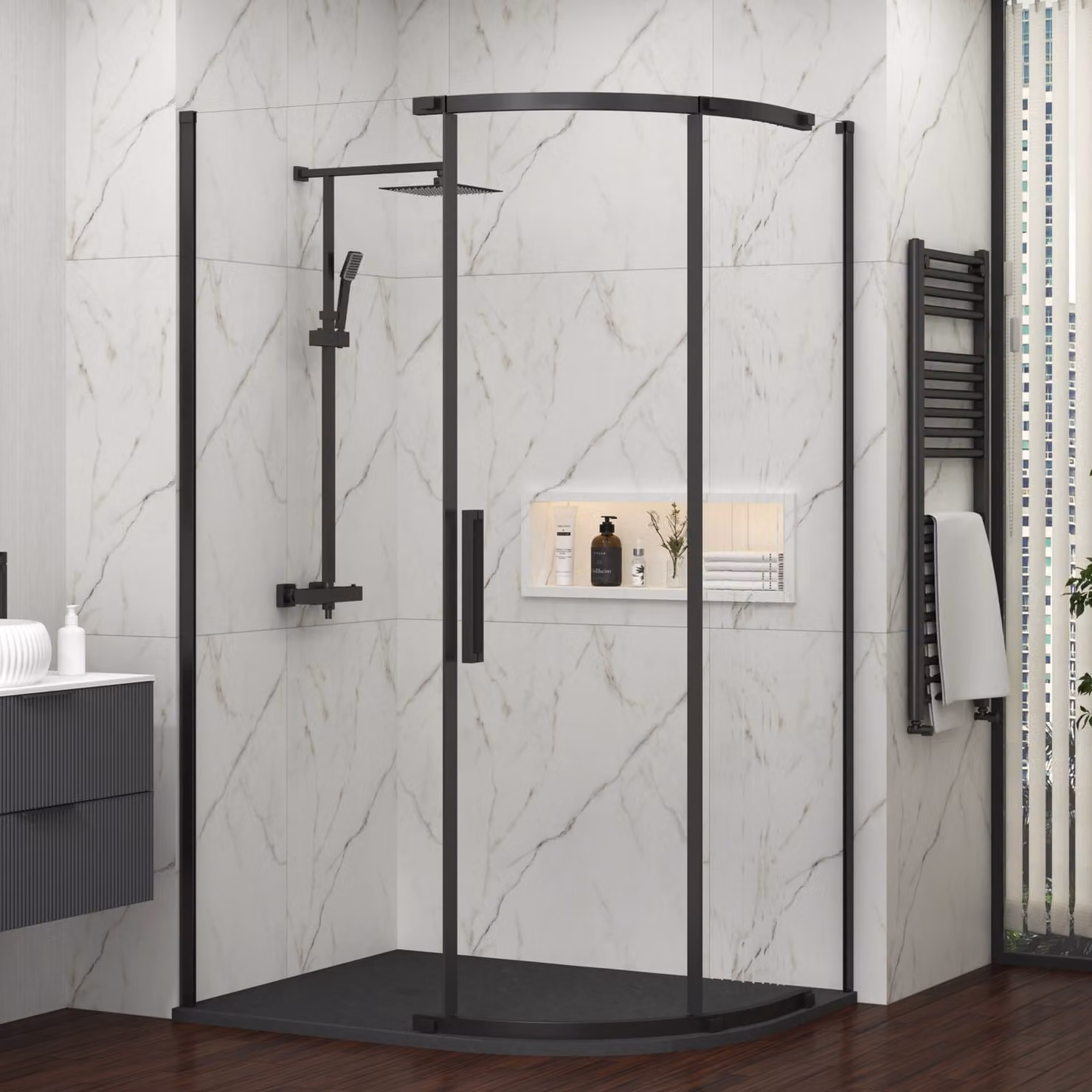 Royal Bathrooms Chelsea Single Door Offset Quadrant Shower Enclosure with Black Stone Tray, Matt Black, W: 120 cm, D: 80 cm, H: 195 cm
