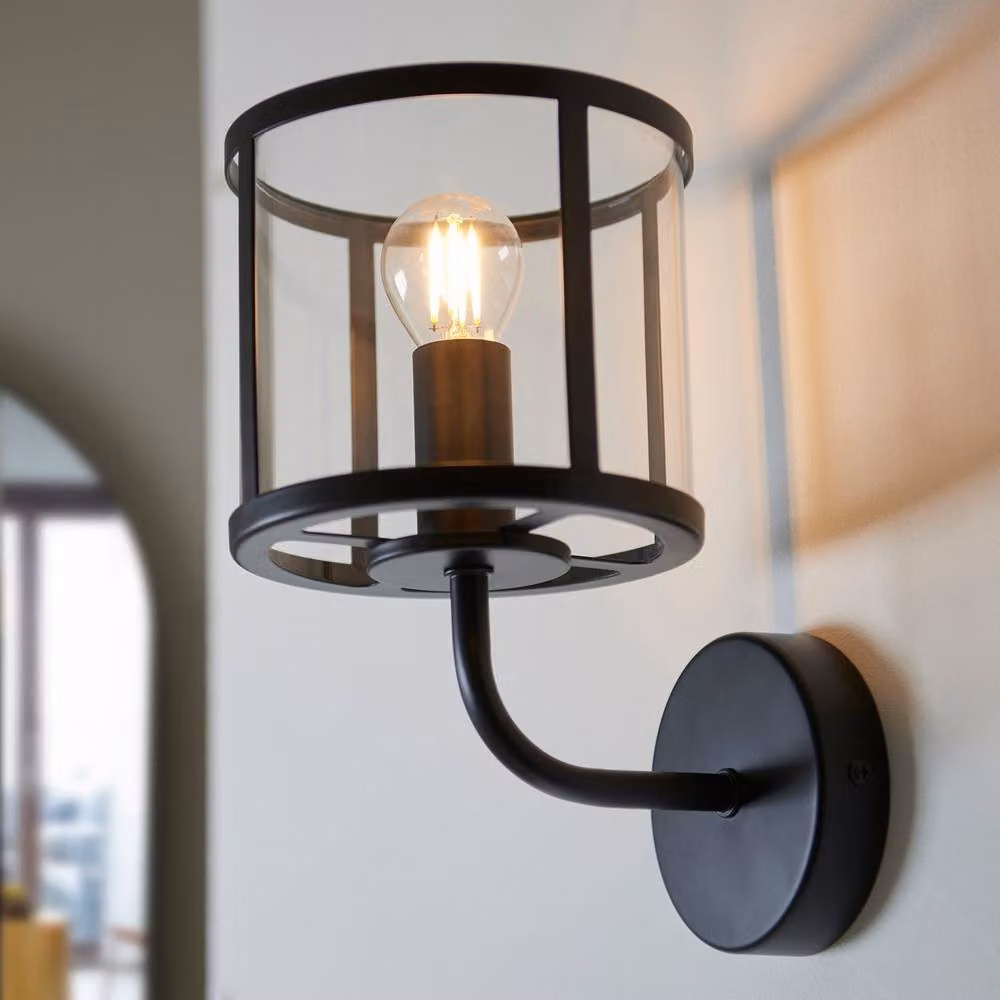 Netlighting Hopton Glass Shade Wall Lamp in Matt Black with Transparent Glass – 3