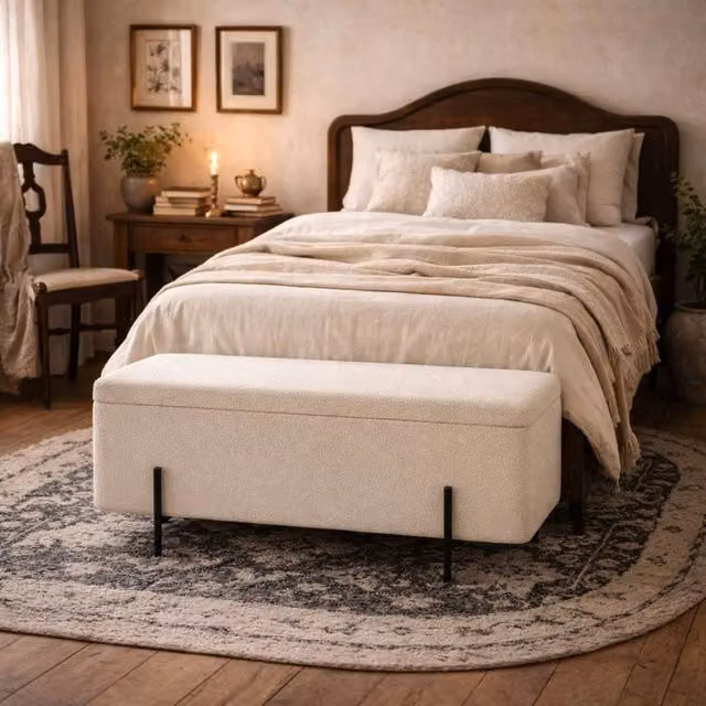 Wyld Haus Elowen Rectangle Storage Ottoman Bench in Ivory Bouclé – 1