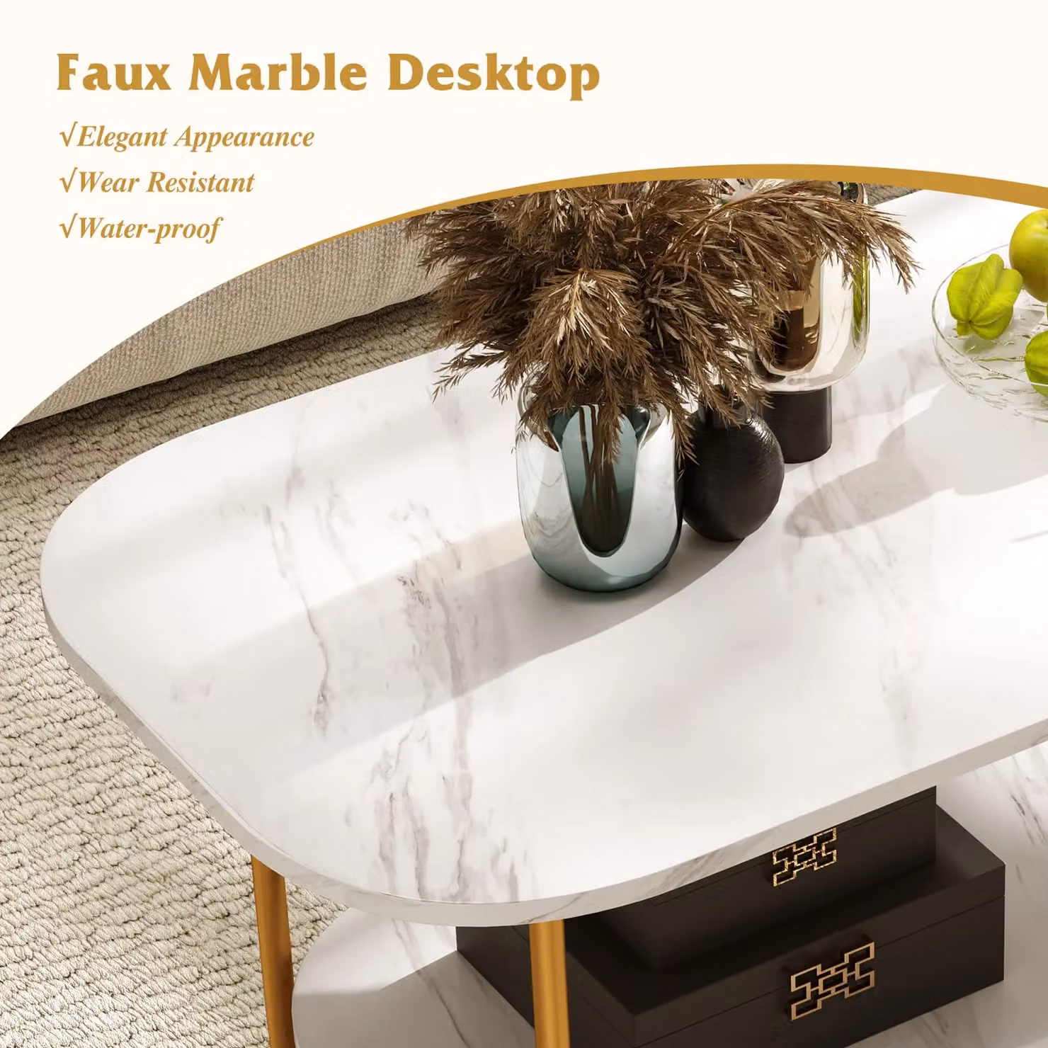Gymax 2-Tier Modern Faux Marble Top Console Table in White and Gold – 5