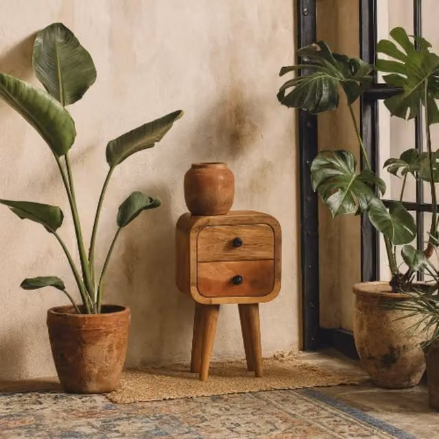 Wyld Haus Cagliari Small 2 Drawer Curved Mango Wood Bedside Table in Brown, W/D/H: 40 x 20 x 40 cm