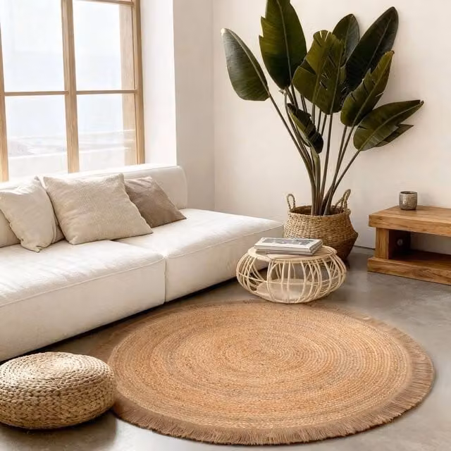 THE RUGS Nuru Gold Braided Reversible Jute Round Living Room Rug, Diameter: 200 cm