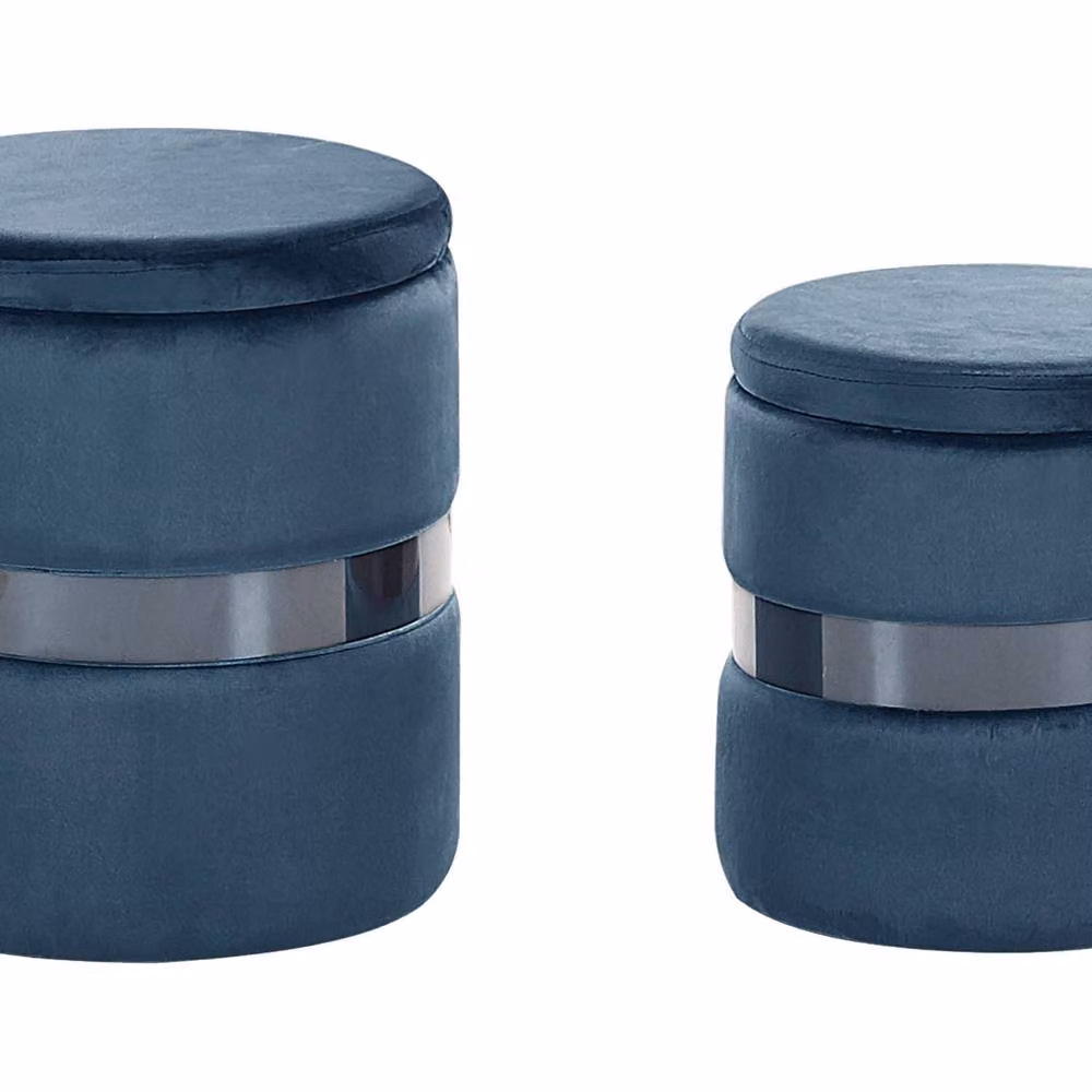 Wyld and Coco Set of 2 Light Blue Velvet Cylindrical Storage Pouffes with Metallic Band – 2