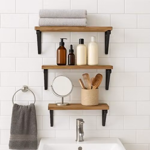Harbour Housewares Set of 3 Brown Industrial Wooden Floating Shelves with Metal Brackets, Wall Mounted Storage Display for Kitchen, Bathroom, Bedroom or Living Room – 2