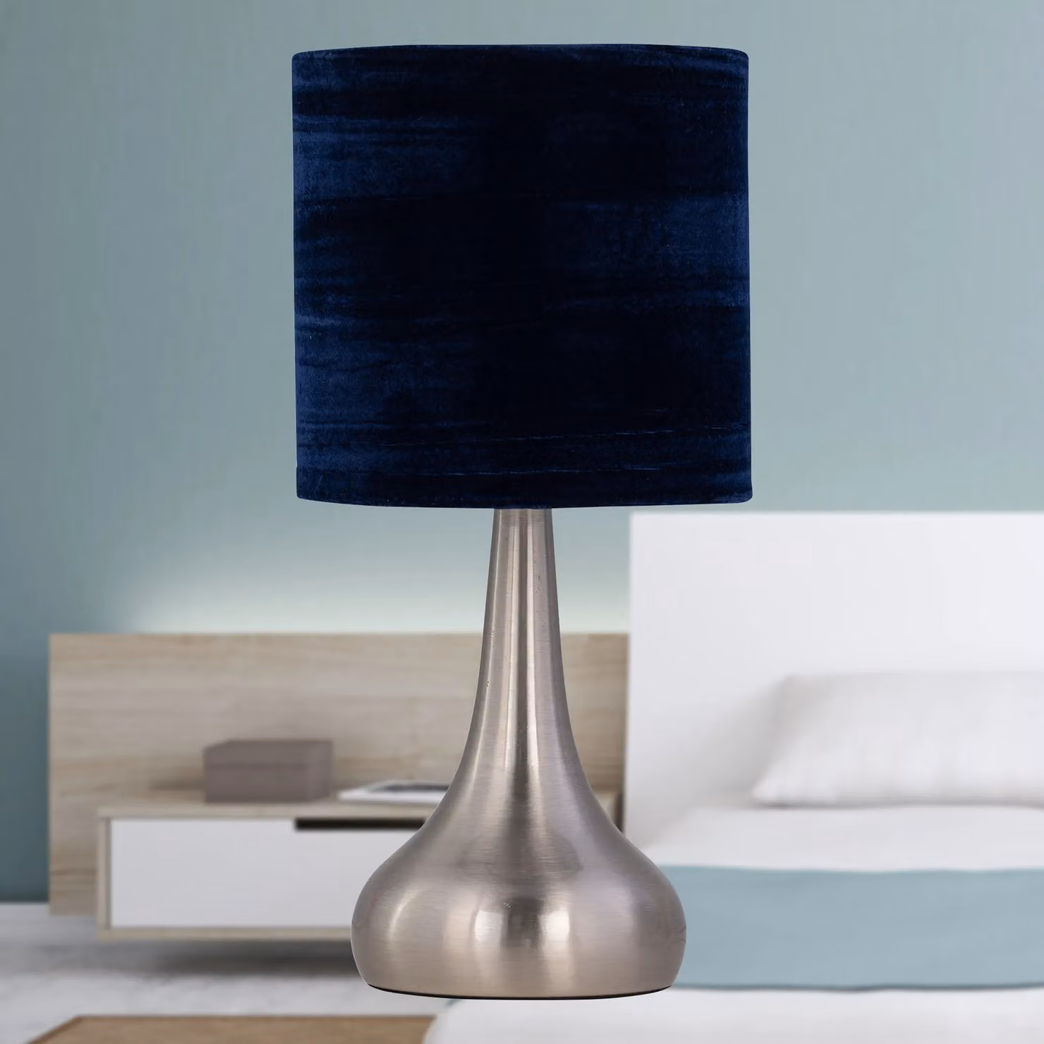 First Choice Lighting Romana Touch Table Lamp in Brushed Chrome with Blue Fabric Shade – 3