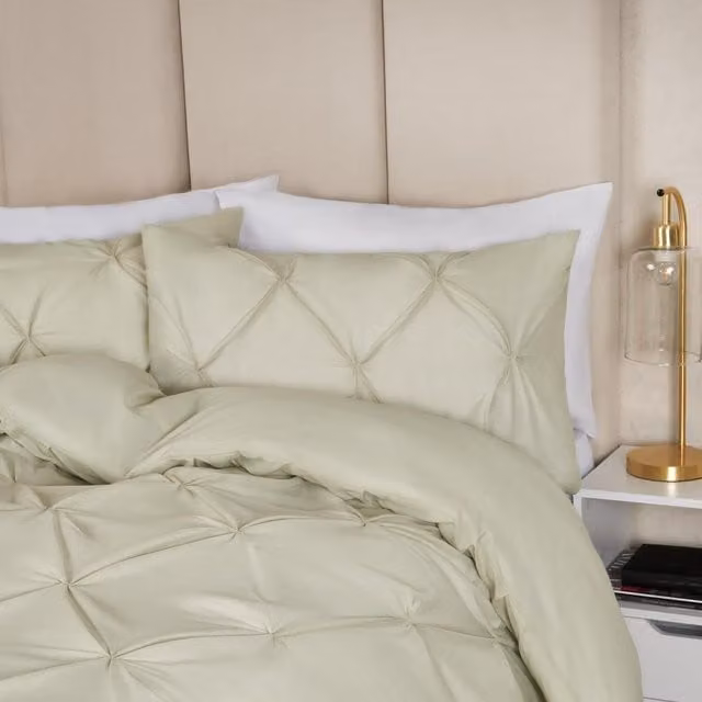 Highams Diamond Pintuck Duvet Set in Green, Double, W: 140 cm x L: 200 cm