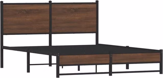 Berkfield Home Metal and Wood Bed Frame in Brown Oak, W/D/H: 137 x 190 x 91.5 cm