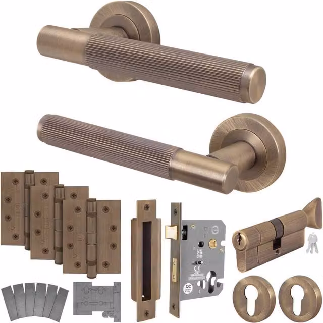 AFIT Antique Brass Fire Door Handle with Euro Lock Thumbturn Cylinder and Hinges in Bronze, 150 x 150 mm – 1