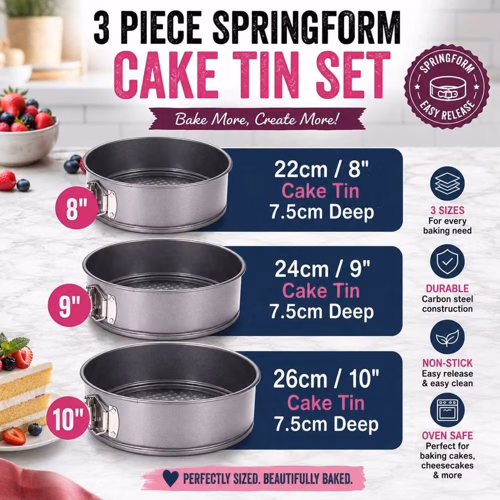 FLAVORA Set of 3 Round Non-Stick Springform Cake Tins in Black, Diameter: 15 cm – 2