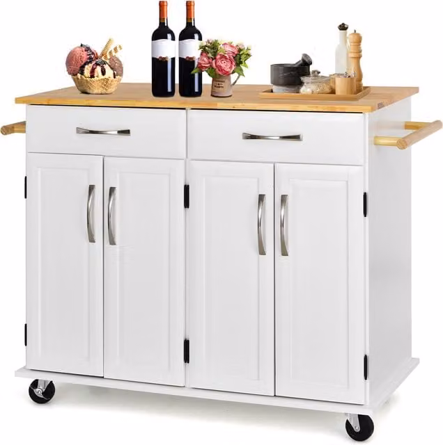 COSTWAY Modern Utility Storage Trolley Cart in White with Rubberwood