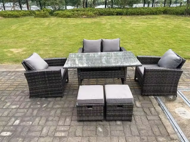 Fimous 6 Seater Dark Grey Rattan Garden Furniture Set with High Back Sofa, Double Sofa, Dining Table and Stools