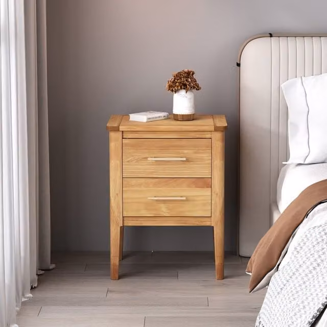 Cabinet Bits Carbini 2 Drawer Bedside Table in Brown Waxed Wood and Metal