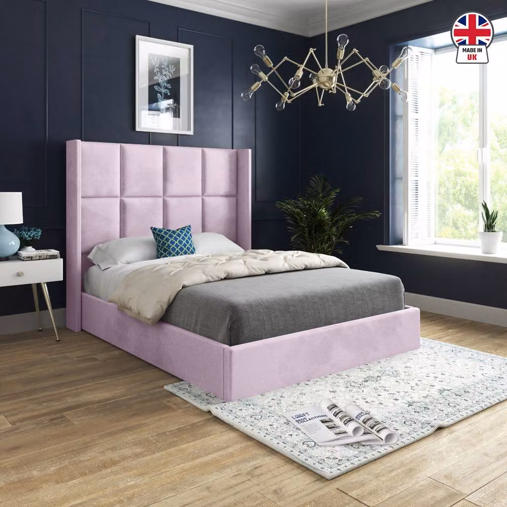 KDMD Sproatley Winged Upholstered Designer Bed Frame in Pink Soft Velvet, W/D/H: 137 x 83 x 200 cm – 3