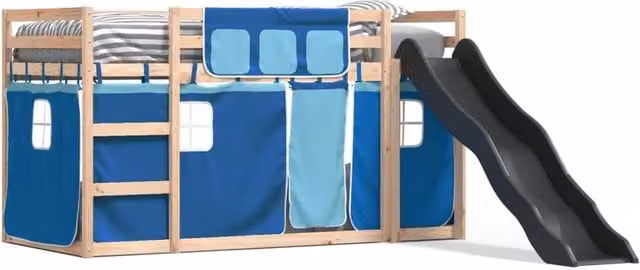 Berkfield Home Blue Solid Wood Childrens Bunk Bed with Slide and Curtains W/D/H: 80 x 200 cm – 1