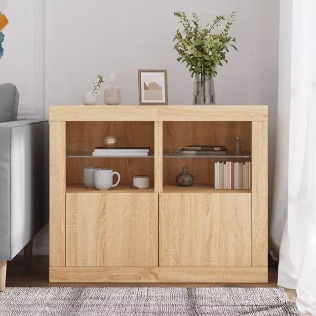 Berkfield Home Side Cabinets with LED Lights, 2 Piece Set in Sonoma Oak Light Brown, W/D/H: 41 x 37 x 67 cm – 1