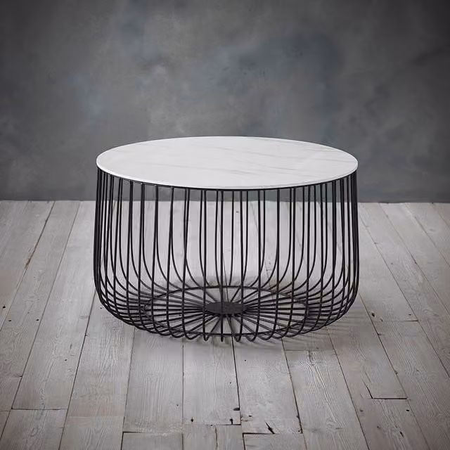 LPD Home Enzo Cage Round Side Table with Marble Top in Black and White