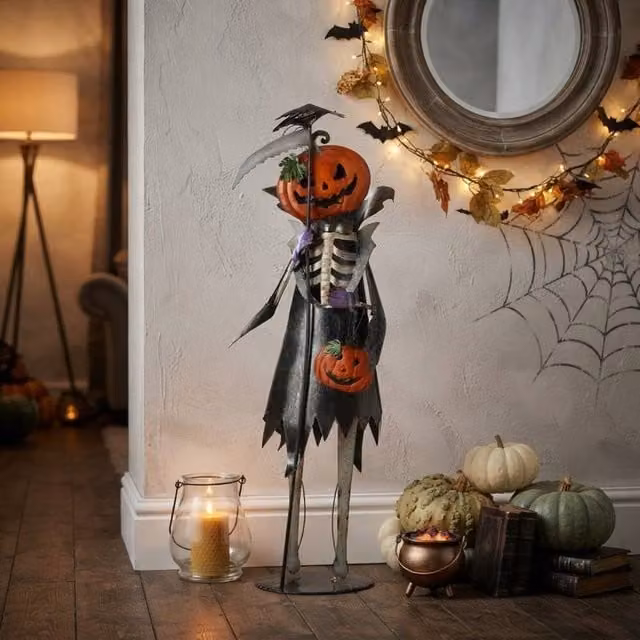 Garden Greatness 3ft Standing Haunted Skeleton Pumpkin Figure in Orange and Multicolour