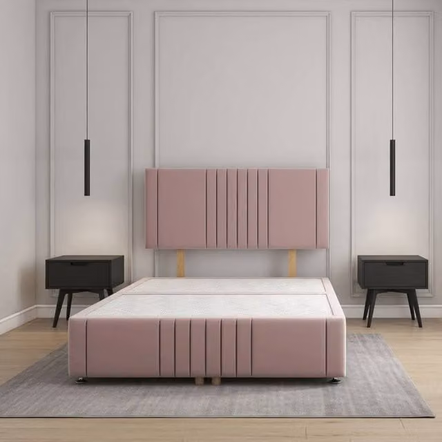 Regional Furnishings Pink Plush Velvet Upholstered Double Divan Bed with 24 inch Headboard, W/D/H: 140 x 200 cm