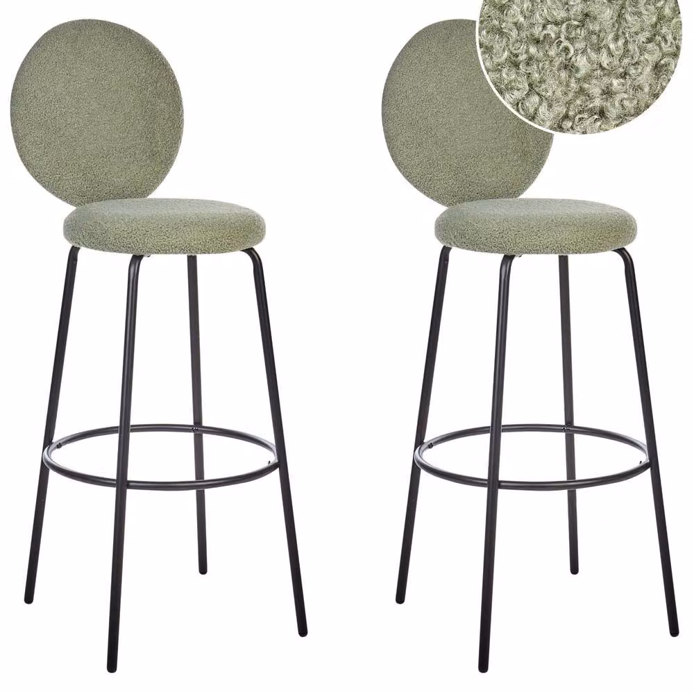 Wyld and Coco Set of 2 Light Green Boucle Armless Bar Stools with Matte Black Steel Legs – 2