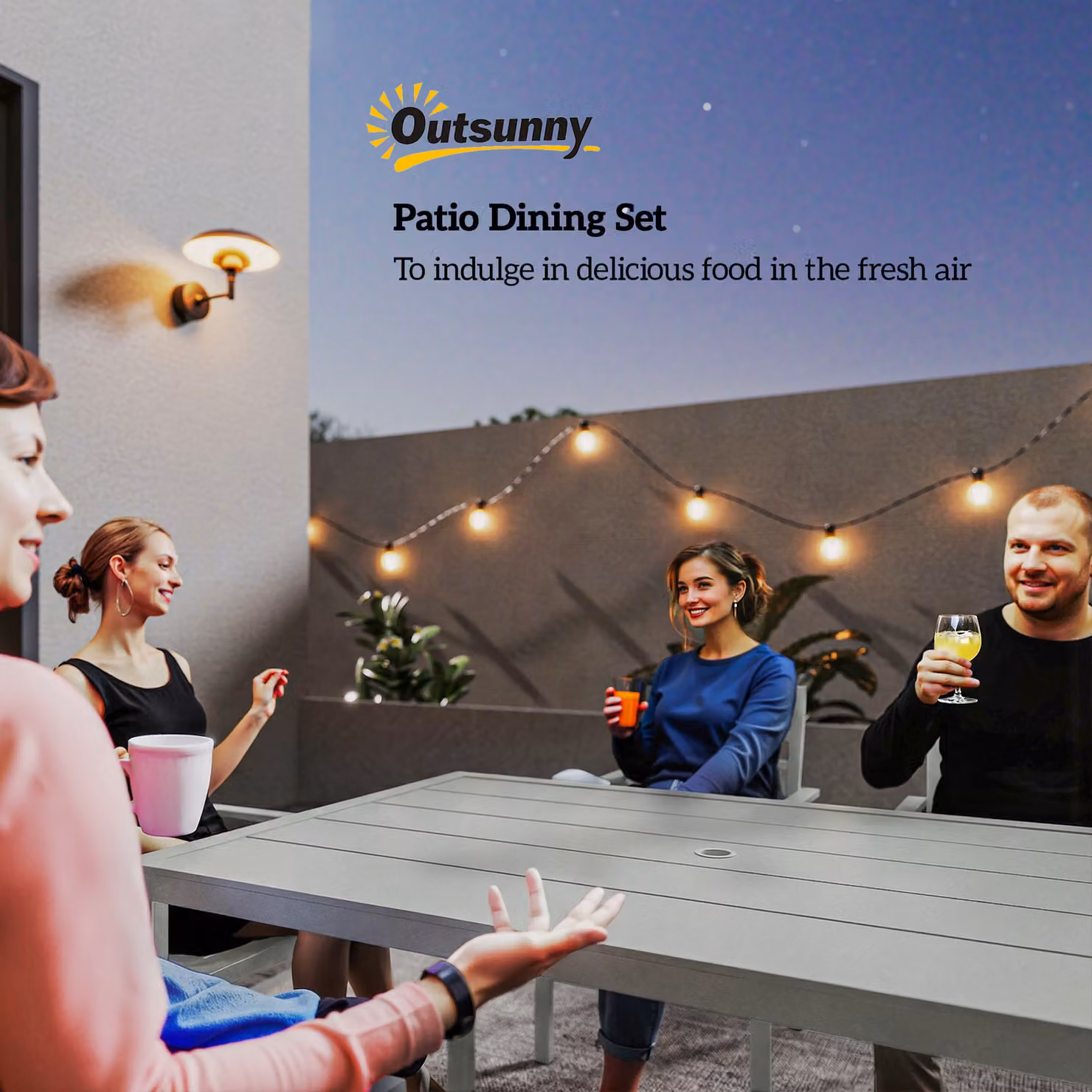 Outsunny 7 Piece Garden Furniture Set with Rectangular Table and 6 Stackable Chairs in Light Grey – 4