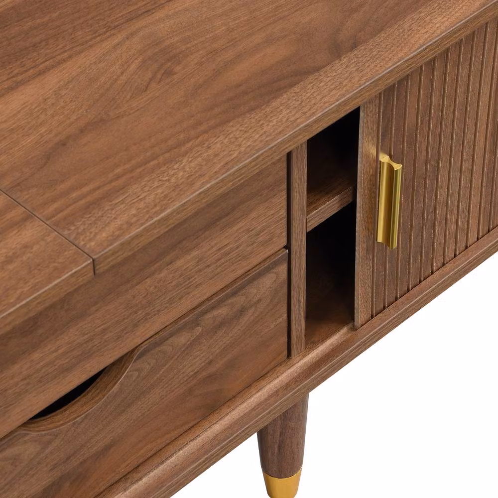 Merax Mid-Century Oval TV Stand with Slatted Sliding Doors, Walnut Brown, W: 175 cm, D: 45 cm, H: 45 cm – 5